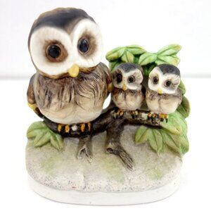 Vintage Homco Mother and Baby Owls Porcelain Bisque Figurine